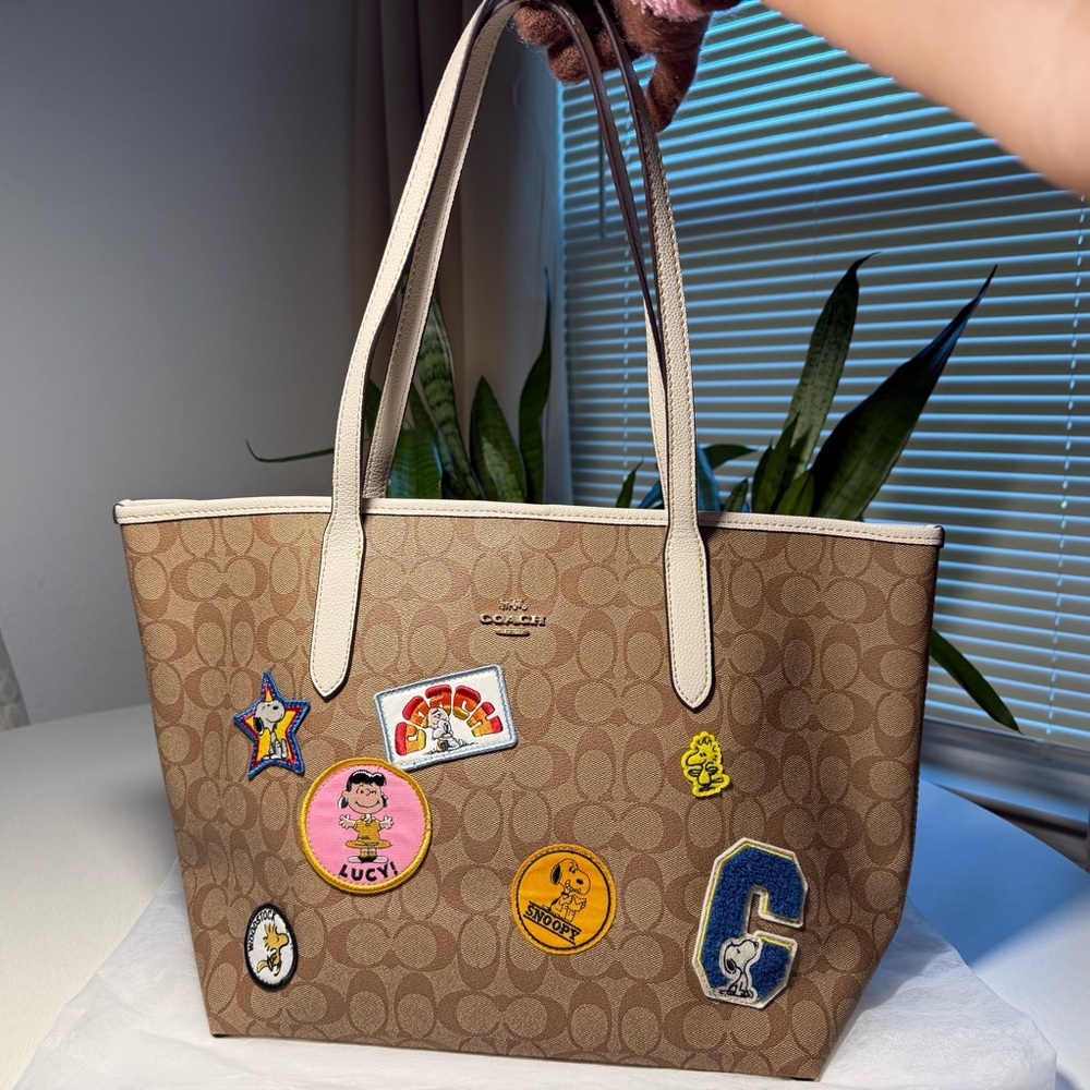 Coach X Peanuts City Tote Bag In Signature Canvas With Varsity Patches